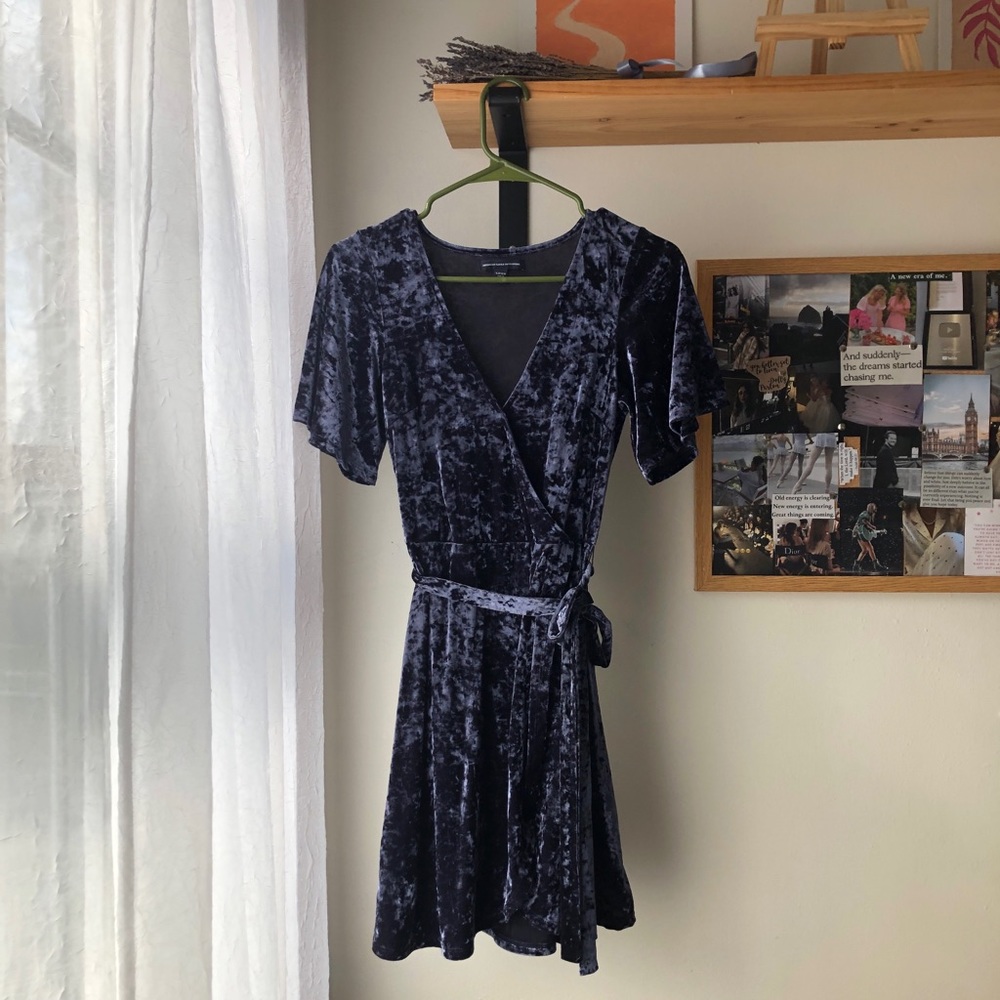 Blue velvet wrap dress from American Eagle